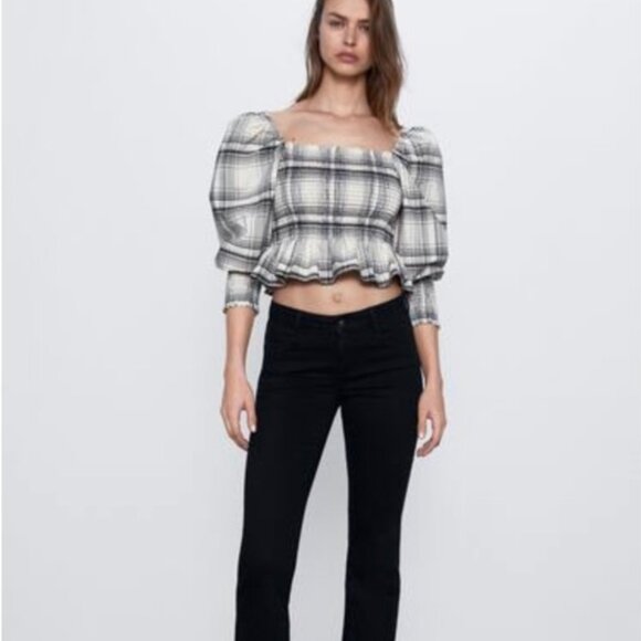 Zara Square Neck Puff Sleeve Plaid Blouse Size L NEW WITH TAG! - Picture 2 of 3